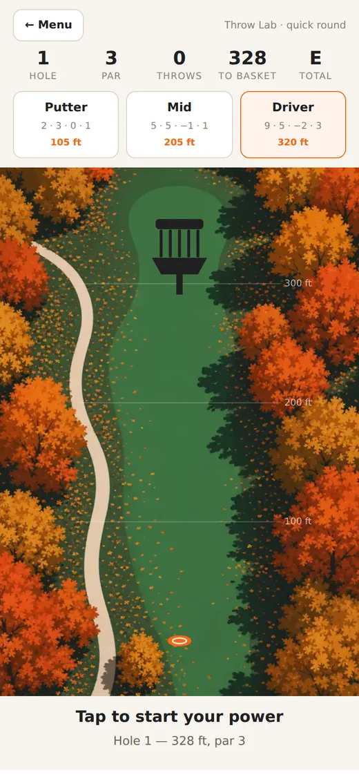The Throw Lab game: an aerial view of a tree-lined autumn fairway with the basket at the top, distance bands at 100, 200 and 300 feet, and a putter, mid and driver to choose from.