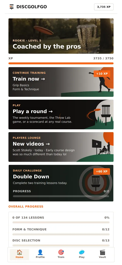 The Disc Golf Go home screen: an XP bar, cards to continue training, play a round and open the Players Lounge, and today's challenge