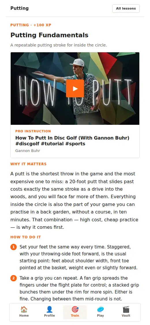 The Putting Fundamentals lesson: a Gannon Buhr coaching video, then Why it matters written out in full, then How to do it as numbered steps
